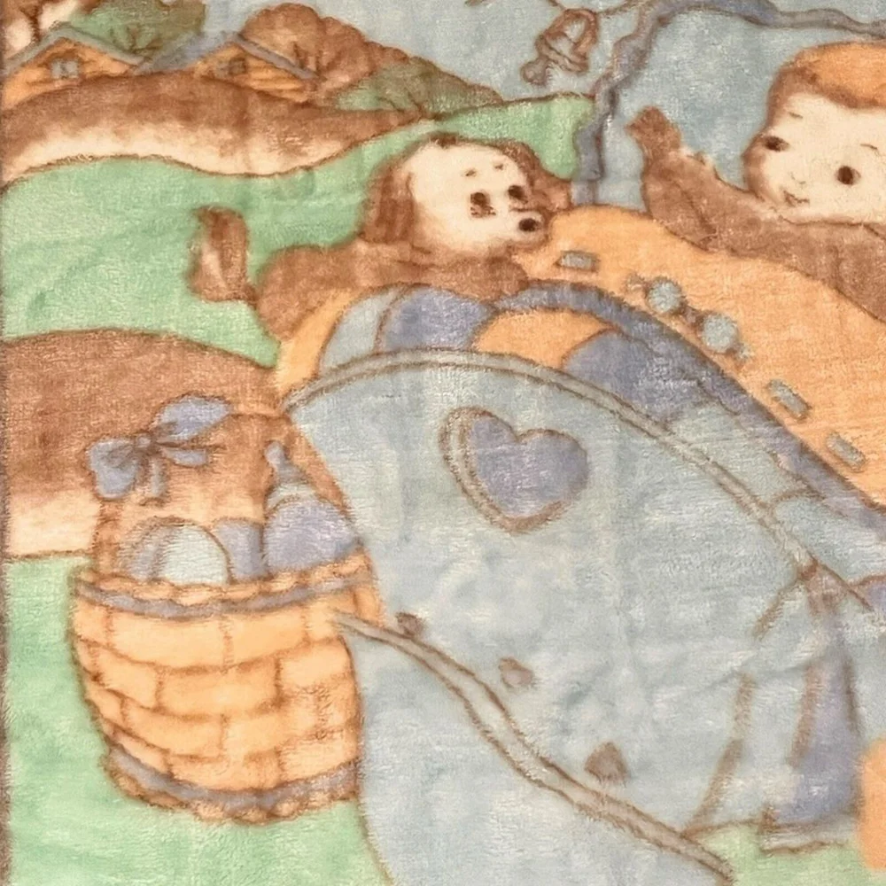 Vtg White Lamb Plush Baby Blanket Outdoor Cradle Birds Dog Silky Soft Blue Green